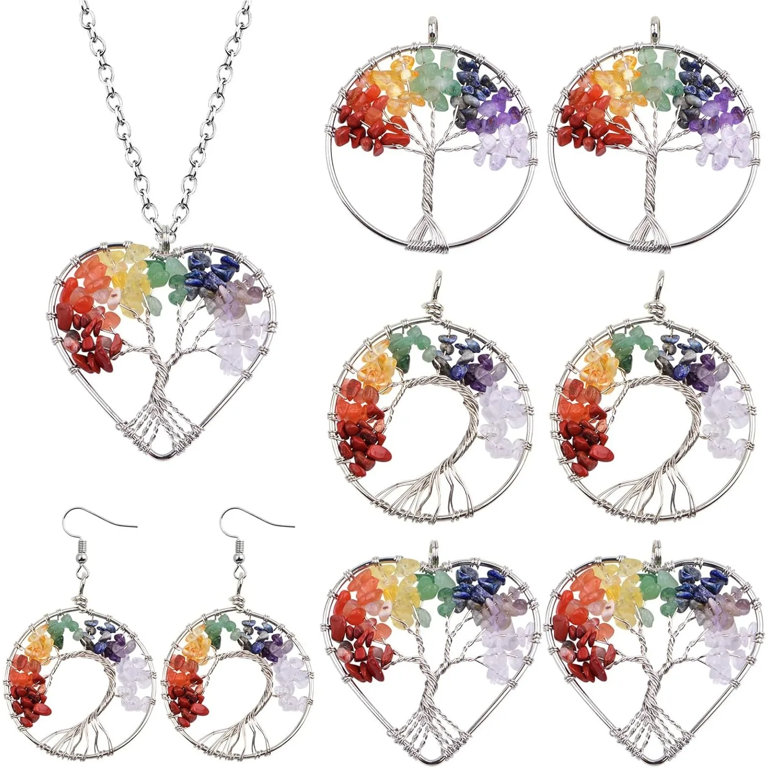 

6pcs Tree of Life Charms Colorful Natural Crystal Stone Chakra Positive Gemstone Quartz Life Tree Pendants for DIY Necklace