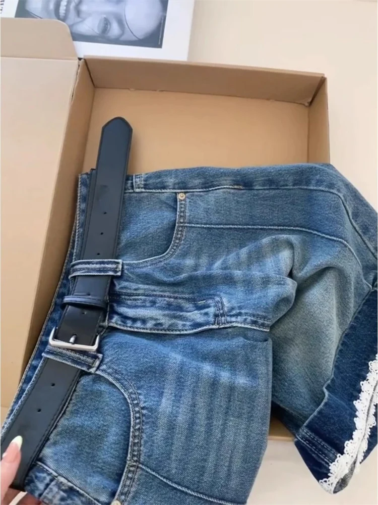 

Шикарные кружевные джинсовые брюки с высокой талией в стиле ретро, свободные широкие брюки для женщин, летние модные повседневные синие джинсы с высокой талией