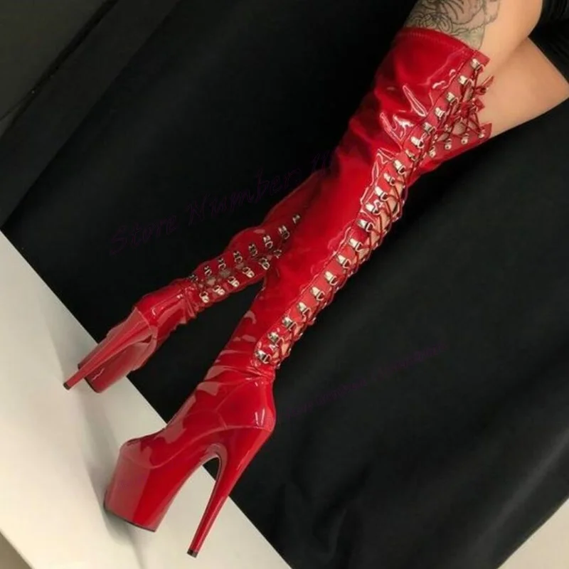 

Red Cross Tied Platform Boots Extreme High Heels Round Toe Shoes for Women Patent Leather Sexy Shoes 2023 Zapatos Para Mujere