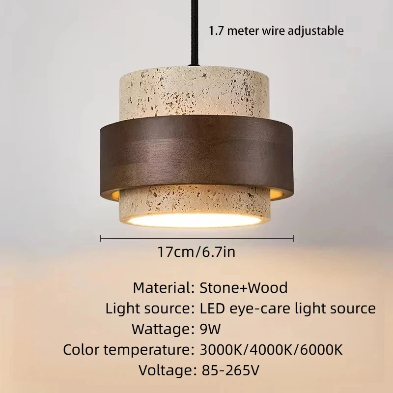 Eye‑Friendly LED Stone Wood Pendant Lamp, Walnut Retro Wabi‑Sabi Small Hanging Light for Bedroom Bedside Bar Restaurant