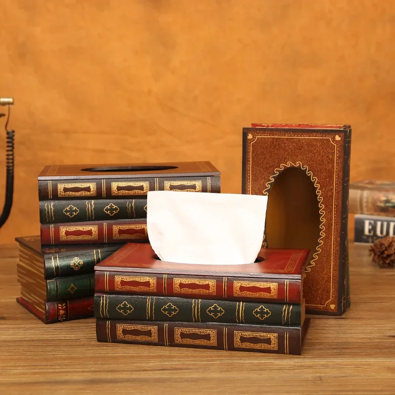 

Vintage European Style Book Shaped Tissue Box Cover, Wooden Craft Paper Towel Case, Creative Large Capacity Paper Holder