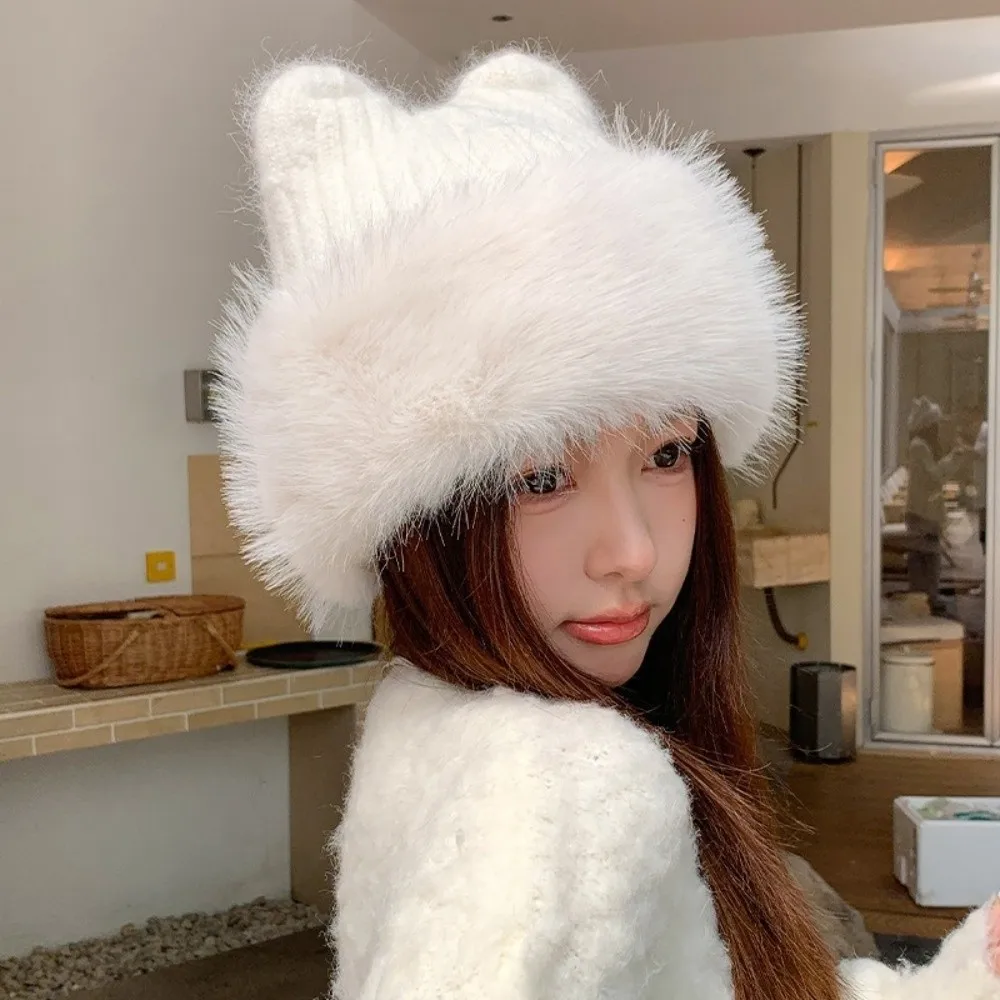 Polyester Cat Ear Earflap Beanie 56-58cm Head Circumference Fleece Lined Winter Ear Protection Hat Knitted Beanie Hat For Women