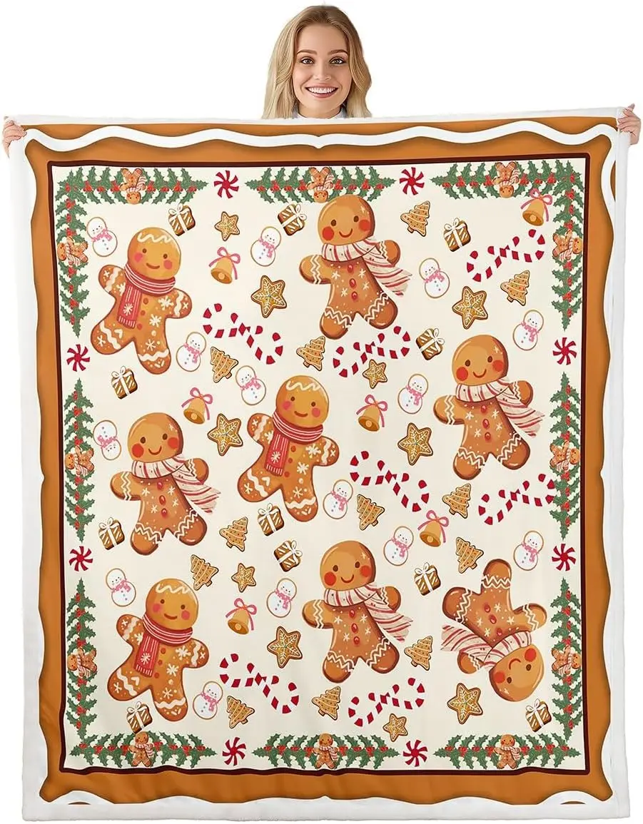 

Cute Gingerbread Man Throw Blanket Cartoon Christmas Soft Fleece Sherpa Cozy Fuzzy Plush Warm New Year Fuzzy Plush Throw Queen