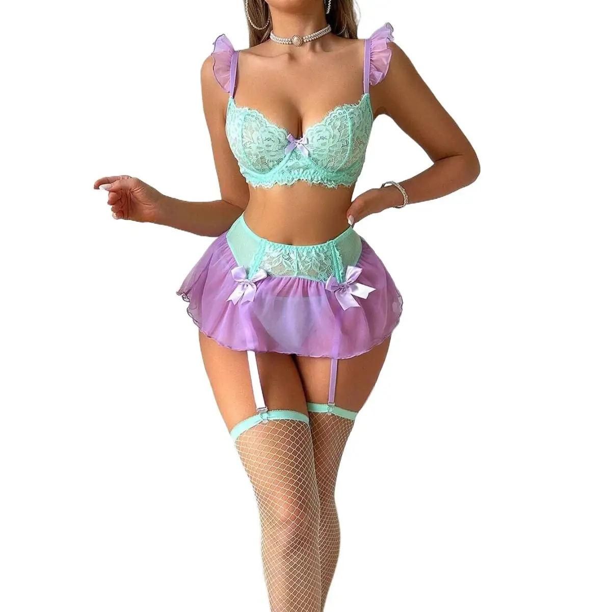 

Hot Lingerie Women's Babydoll Nightie Sexy Outfits Tulle Lace Underwear Set Adjustable Garter Straps Romantic Intimate Ensemble