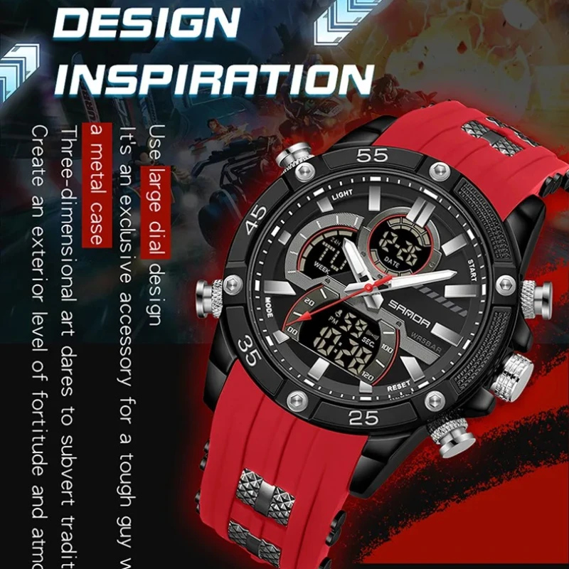 SANDA 6162 Electronic Men's Watch Multi Functional Waterproof Luminous Chronograph Pointer Digital Dual Display Watches for Men