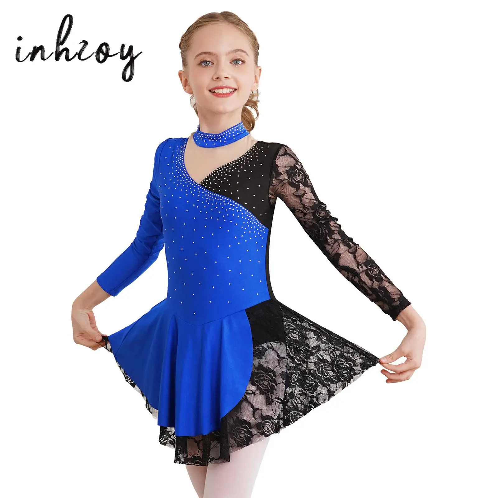 

Girls Figure Ice Skating Dress Ballet Dance Gymnastics Leotard Tutu Long Sleeve Rhinestone Mesh Lace Lyrical Modren Dance Dress