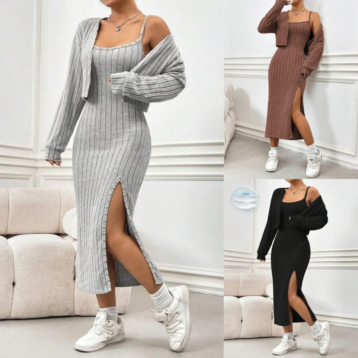 

Knitted two-piece set, long-sleeved camisole dress with slits