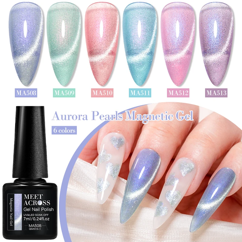 MEET ACROSS 7ml Aurora Pearls Cat Gel Magnético Esmalte Glitter Brilhante Cor Espumante UV LED Verniz para Arte em Unhas Suprimentos para Unhas