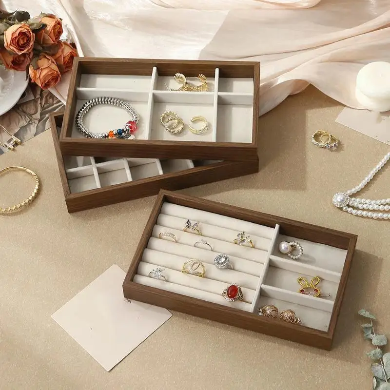 Walnut Wood Jewelry Display Tray With Velvet Lining,Ring Necklace Bracelet Stackable Organizer,for Counter Storage & Trade Show
