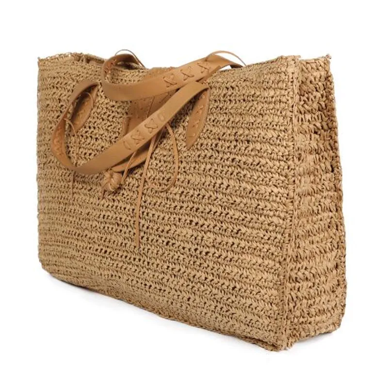 Big Capacity Raffia Straw Seaside Holiday Travel Beach Bags Women Tropical Leather Hangbag Crochet Large ToteBag Reticule Chic