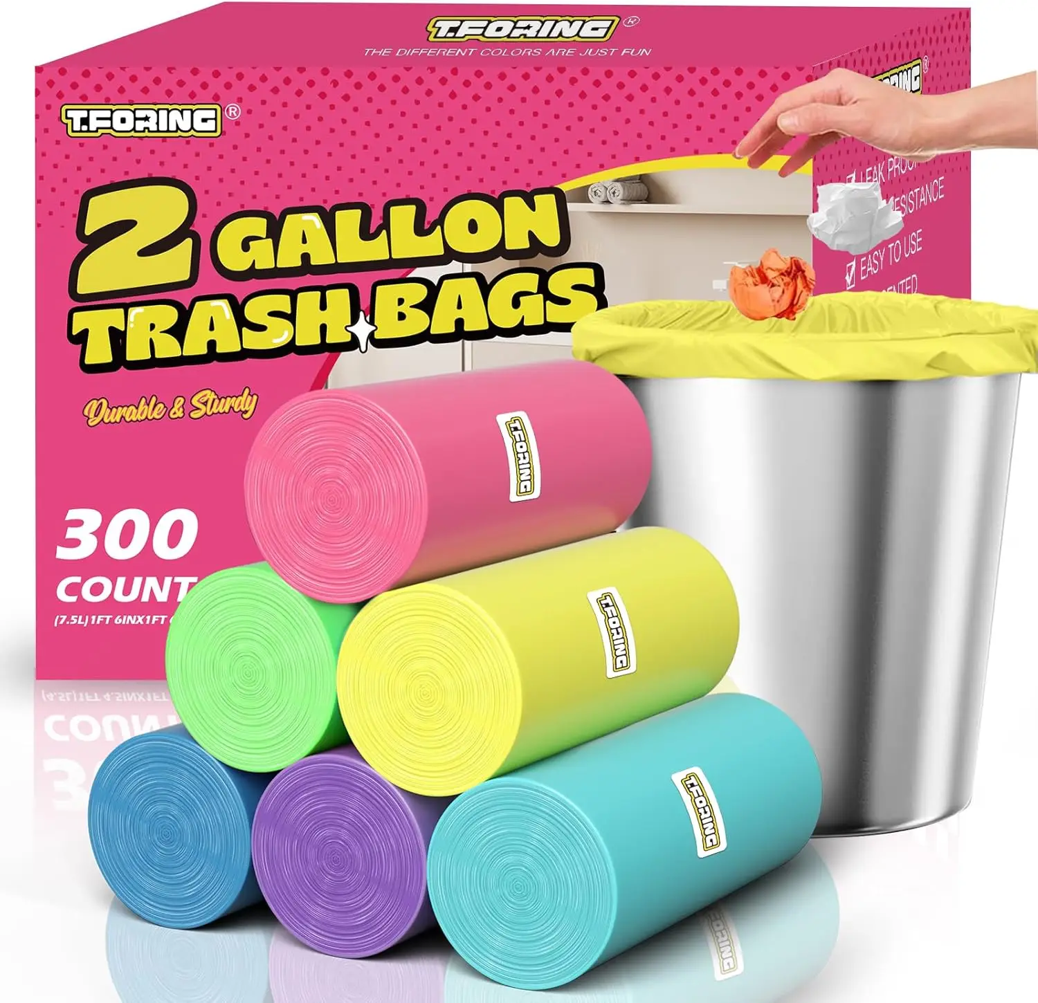 

300 Count 2 Gallon Trash Bags - 7.5L Small Garbage Bags, Heavy Duty & Leakproof for Bathroom Office Home