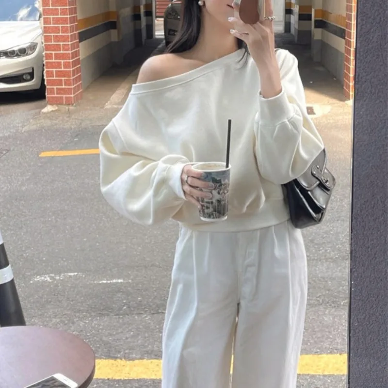 

Korean Fashion Careful Machine Dating Temperament Off Shoulder Design Sense Pullover Loose Hoodie Women's Spring and Autumn Top