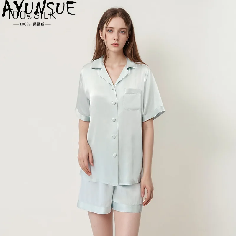 

AYUNSUE 100% Silk Pajamas for Women Solid Color Pajama Sets Short Sleeve Tops Short Pants Summer Cool Womens Matching Sets 여성잠옷