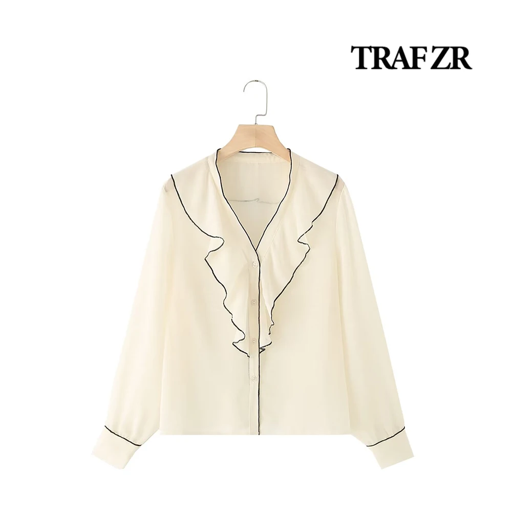 TRAF ZR 2024 Woman Blouses for Lady Elegant Ruched Shirt Y2K Vintage Top Summer Basic Long Sleeves Shirts Women Tops V-Neck