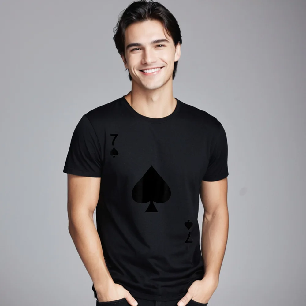 Seven of Spades Tshirt Blackjack Mens Retro Tops & Tees Round Neck NEW YEAR DAY Pure Cotton Tshirts Party Short Sleeve Tees