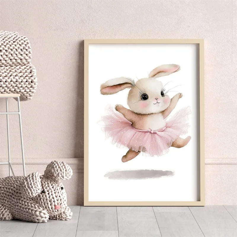 Cute Ballerina Bunny Ballet Woodland Animal Kid Posters and Prints Canvas Printing Wall Art Picture for Girls Room Nursery Decor