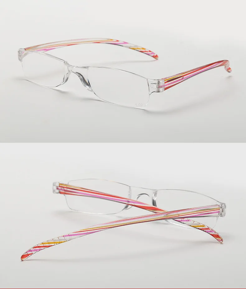 +1,0 ~ +4,0 Tragbare Weitsichtbrille Unisex Ultraleichte Lesebrille Rahmenlose Lesebrille aus Kunstharz mit halbem Rahmen – Detail 19