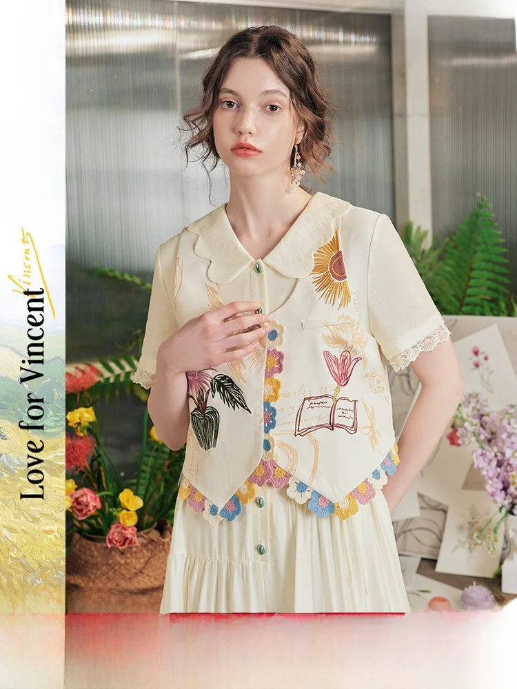 

Artistic Hollow out Floral Print Vest Women's Loose Fit Summer New Sle Polyester Fiber ort Length U-Ne Button Closure