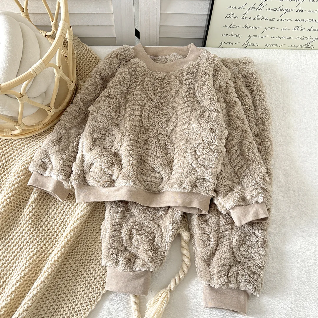 Toddler Baby Autumn and Winter Flannel Pajamas Set Korean Style Plush Thickened Home Clothes Girls Thermal Underwear Set