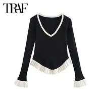 TRAF Women's Tops Tierred Sweater Tops 2025 Spring Elegant Y2k Long Sleeve Knitted Tops Fashion Casual Cute Knitwear Pullovers
