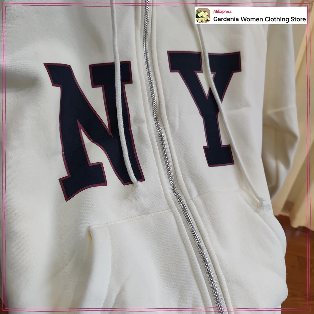Women Adjustable Drawstring Hood Text Print Fall Outfit White Varsity New York Hoodie & Plush Trousers Aesthetic Baggy Pants Set