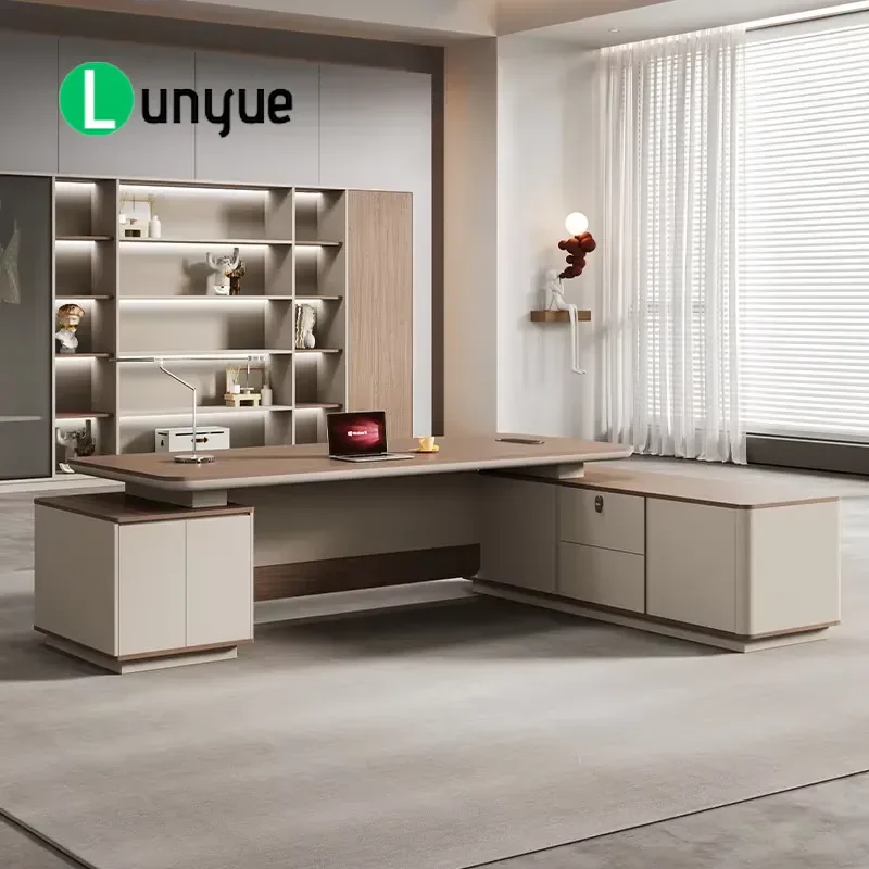 Eco Friendly Modular Wooden CEO Desk Modern L Shaped Executive Office Table with Cable Management Side Cabinets for Home