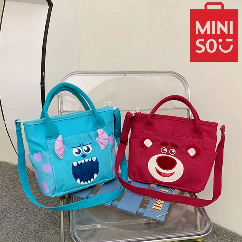 MINISO Cartoon Fashion Strawberry Bear Canvas Bag Large Capacity Shoulder Bag Crossbody Bag Bento Bag Student Handbag