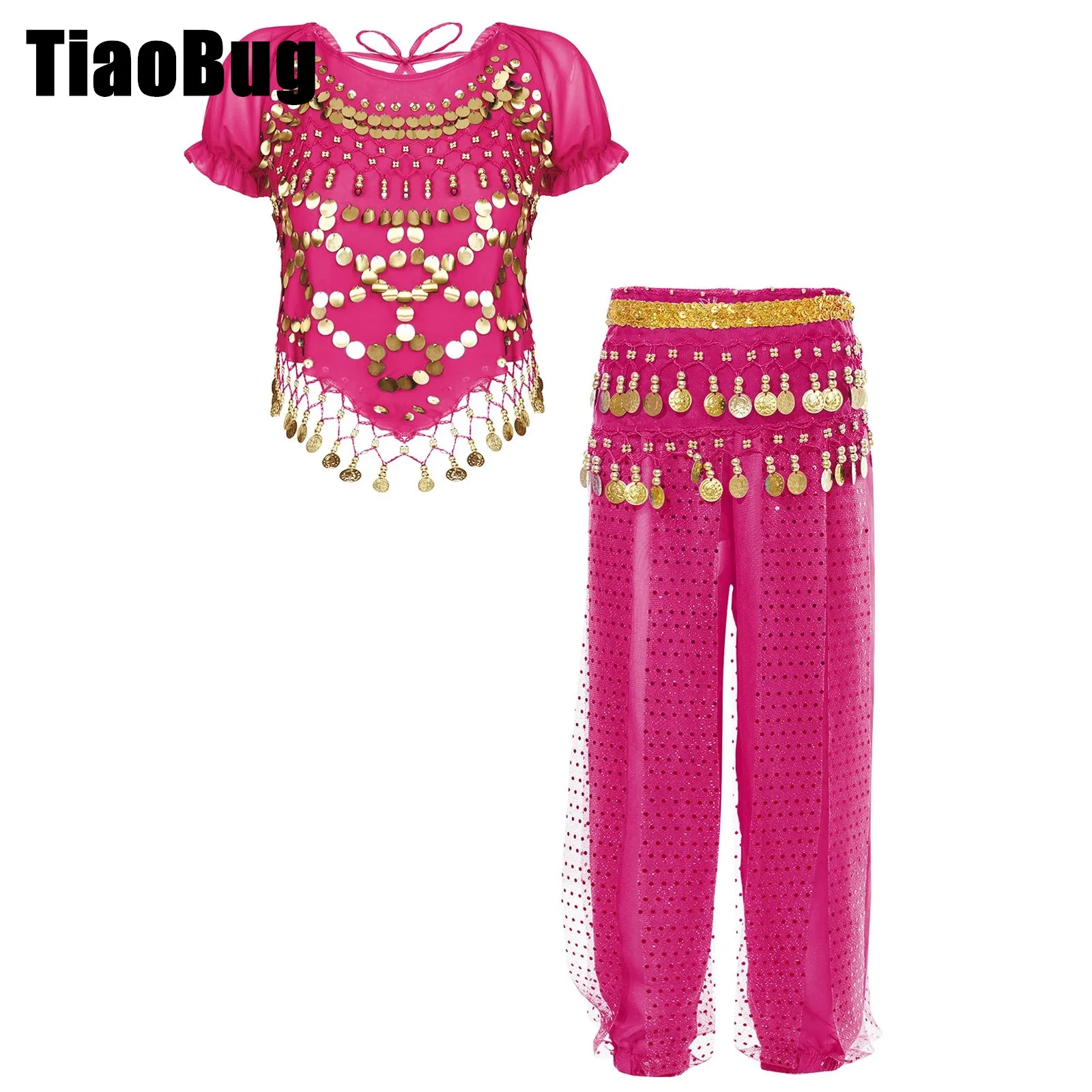 

Girls Belly Sets Kids Short Puff Sleeve Dance Tops Self-Tie Back Tassels Irregular Hem Crop Top Bloomers Pants Waist Chain