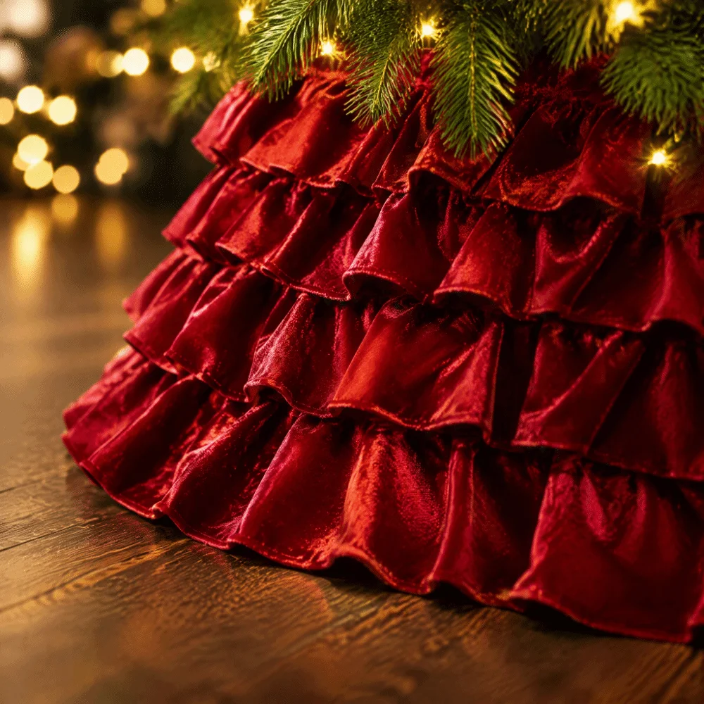 Round Christmas Tree Skirts Foldable Vintage Xmas Tree Pleated Skirts Soft Velvet Christmas Tree Collar Family Holiday