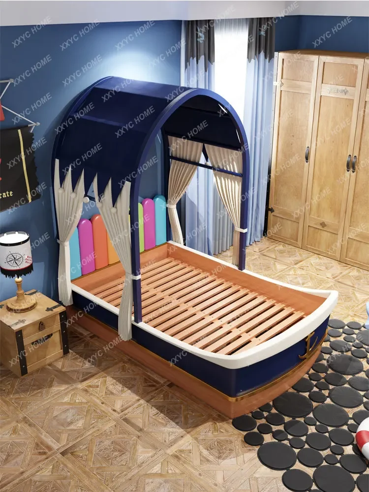 Children's Creative Bed Boy's Solid Wood Cartoon Children's Bed Boat-Shaped Bed Pirate Boat Bed Country Multi-Functional