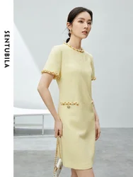 SENTUBILA Short Sleeve Tweed Dresses for Women 2024 Summer Elegant Socialite Fashion Contrast Round Neck Dress Woman 142L54213