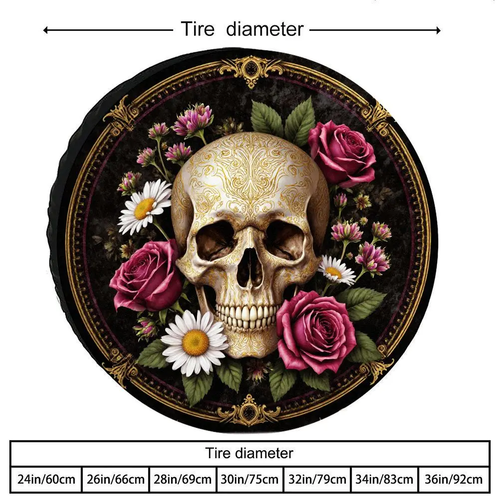 Tire Cover With Decorative Skull Floral Pattern, Made Of Polyester Fiber, Suitable For Spare Tires For Cars, Rvs, Suvs, And Truc