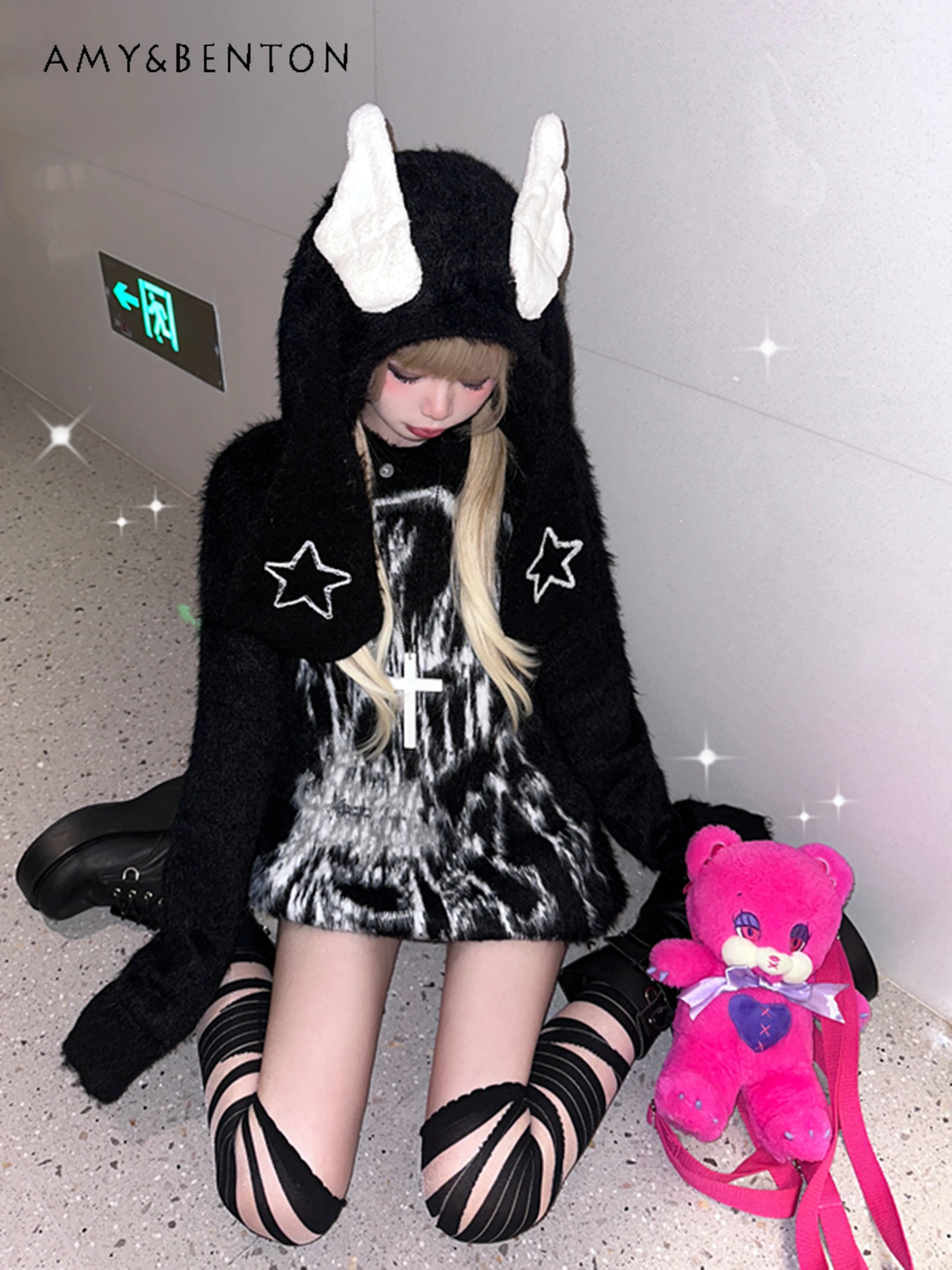 Gothic Sweet Cool Girl Rabbit Ear Wings Anime Print Hooded Sweater Women Autumn Winter New Japanese Y2K Street Oversized Sweater