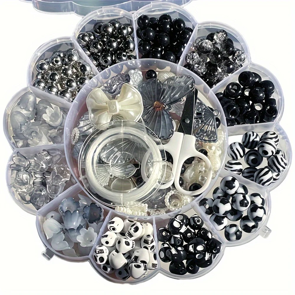 Caja de 13 rejillas con 120g de cuentas acrílicas iridiscentes AB en blanco y negro, serie de cuentas con diseño de flores aleatorias, se pueden usar para hacer pulseras y accesorios para móviles.