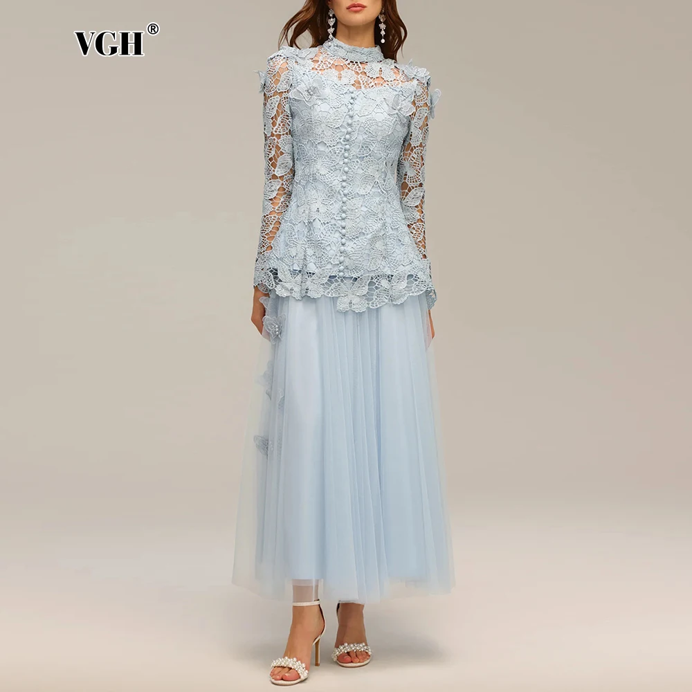 

VGH Slimming Two Piece Sets For Women Stand Collar Long Sleeve Hollow Out Top High Waist Spliced Appliques Skirt Chic Set Female