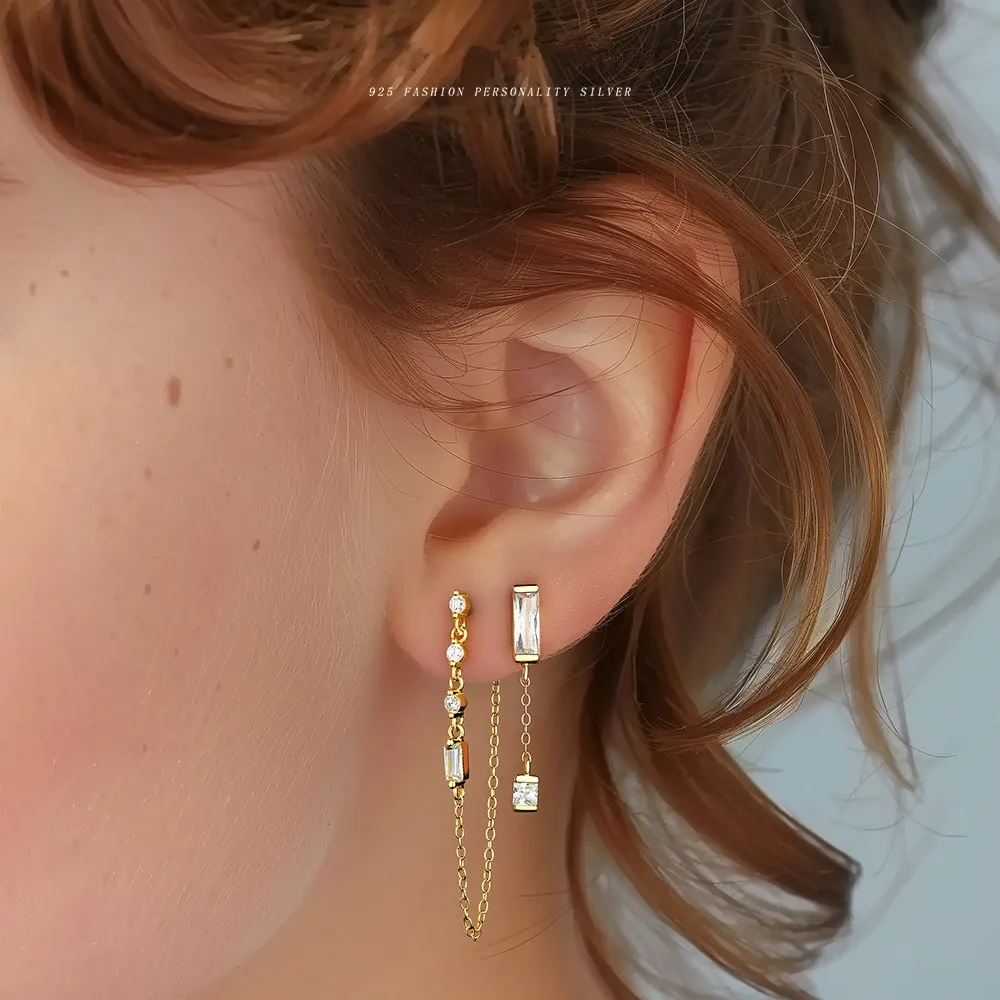 925 Sterling Silver Geometric Square Zircon Tassel Earrings for Women Fashion Light Luxury Elegant Jewelry