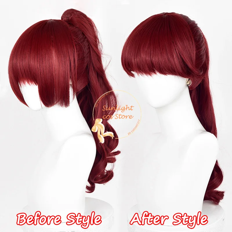 P5 Kasumi Yoshizawa Cosplay Wig Wine Red Cruly Ponytail Heat Resistant Synthetic Wigs Halloween Cospaly Anime Wigs