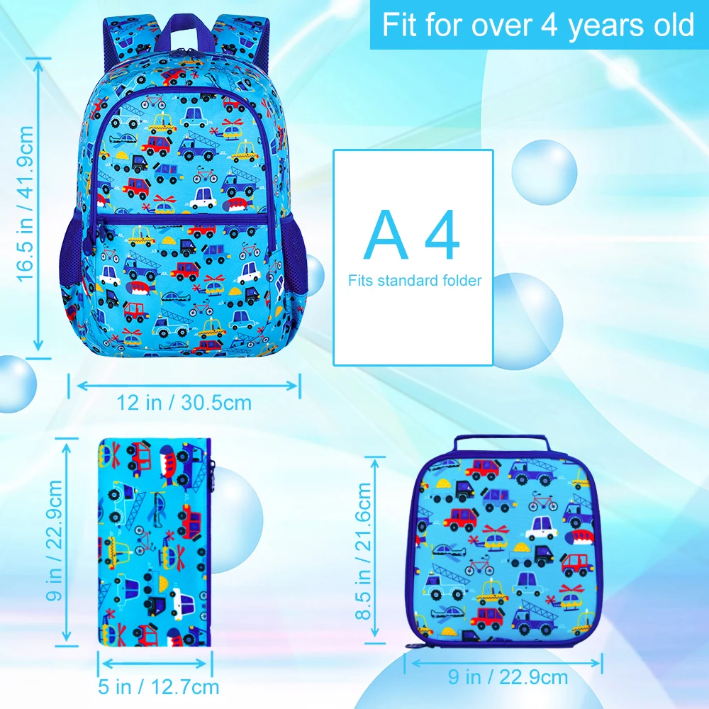 3Pcs Cars Backpack for boys, 16.5 Kids Backpacks Set for Elementary Preschool Kindergarten, School Bookbag with Lunch Box(Blue)