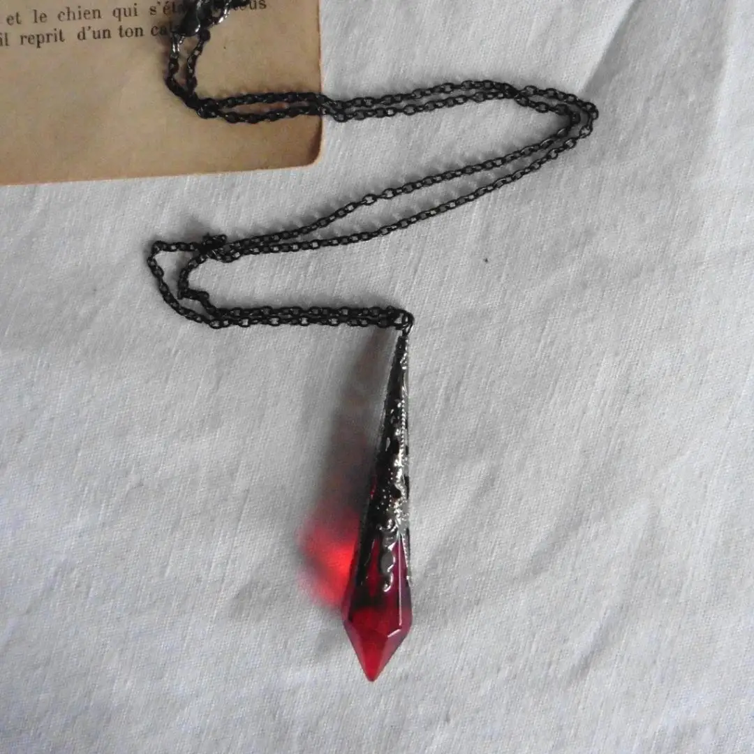 Gothic Dark Red and Black Glass Crystal Pendant Necklace