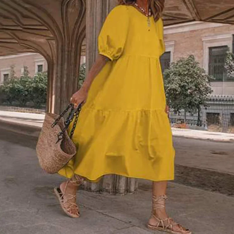 Letnia damska luźna sukienka do połowy łydki Vintage z rękawami typu latarnia Długie sukienki Boho Ladies Beach DressesLoose Vestido Casual