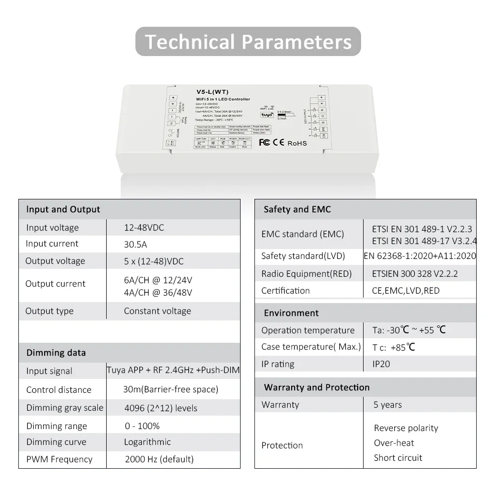 Tuya Wifi LED Controller 5 in 1 12V 24V 48V 2.4G RF Remote Smart Life APP Control Single Color CCT RGB RGBW RGBCCT Strip Light