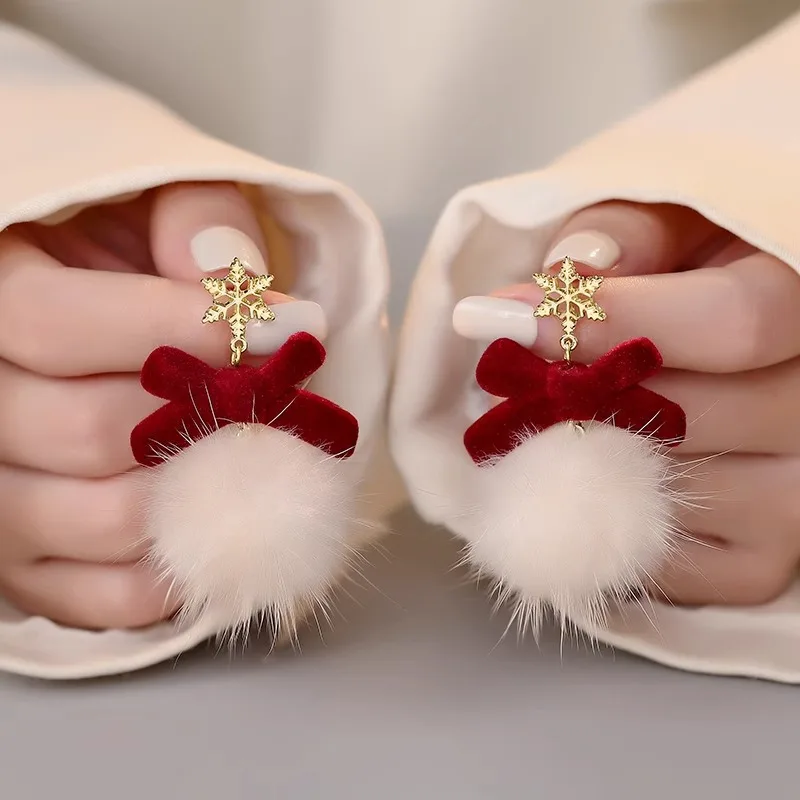 Lindo pompón bola arco copo de nieve pendientes de alce Navidad dulce joyería de moda para mujeres y niñas regalos de Año Nuevo