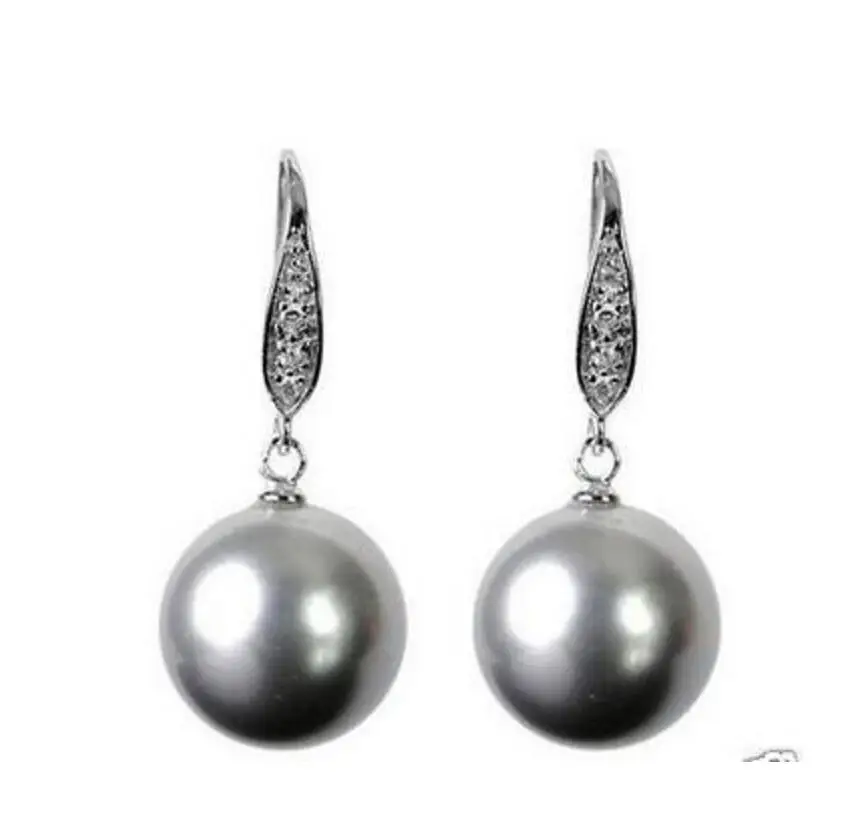 

12mm Beautiful south sea grey Shell Pearl Silver hoo k Earrings