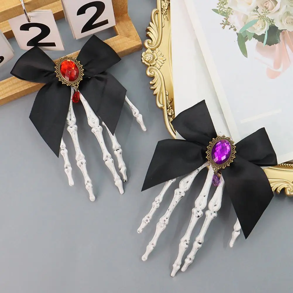 Gemstone Embellished Hair Clip Skull Claw Hair Accessories for Girls Halloween Skeleton Hand Hair Clips with Bowknot Faux Party