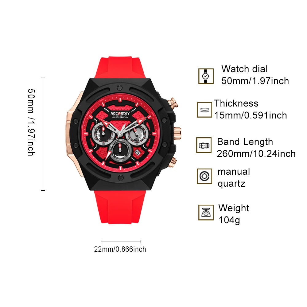 AOCASDIY Men's Sports Quartz Watch, Hollow Frame Dial, Calendar Window, Fashionable Outdoor Leisure Men's Birthday Gift