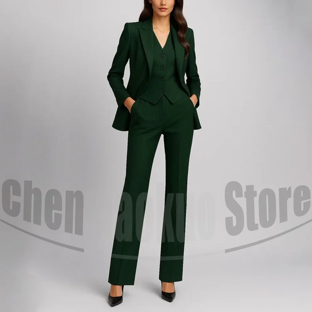 Women's Three Piece Suit Set Fashion Peak Lapel Single Breasted Wear for Business Office Party Elegant Formal Pants Suits