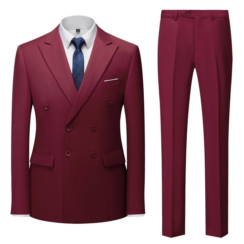 Dwurzędowy garnitur Pure Color Dwuczęściowy, moda męska Slim Dress Jacket ze spodniami, zestawy ślubne / biznesowe dla mężczyzn Czerwony Niebieski