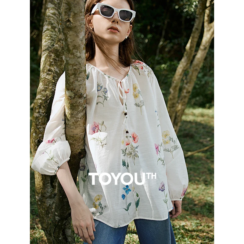 TOYOUTH Women Blouse Shirt 2025 Spring New Linen Floral Printed Velvet Casual Pullover Tops