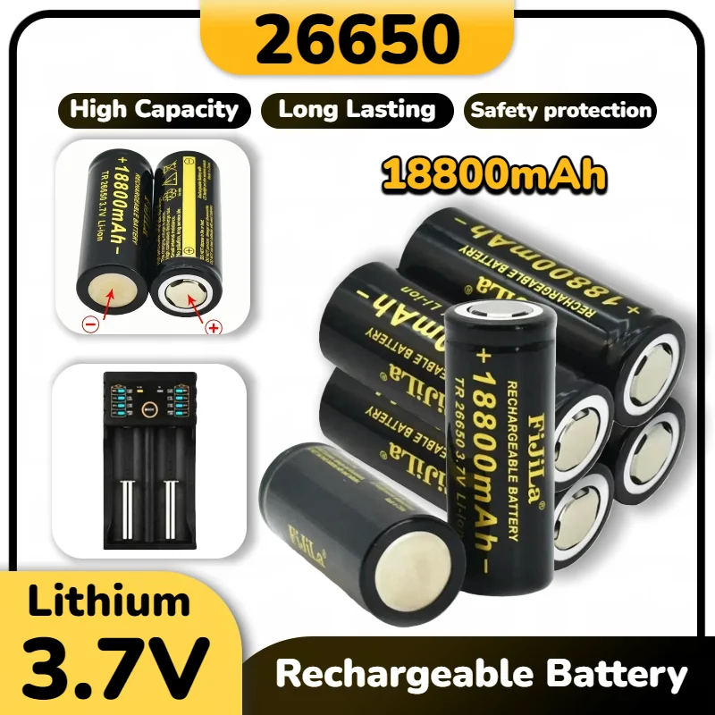 

High Capacity 26650 Battery 3.7V 18.8Ah Rechargeable Li-ion - Long Lasting for LED Flashlights, Torches, Emergency Lights