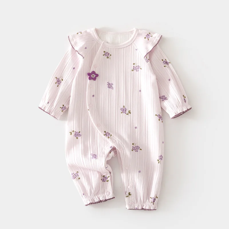 Baby Jumpsuit Baby Newborn Boneless Spring and Autumn Pure Cotton Romper Jacquard Infant Children's Wear Partial Open Romper